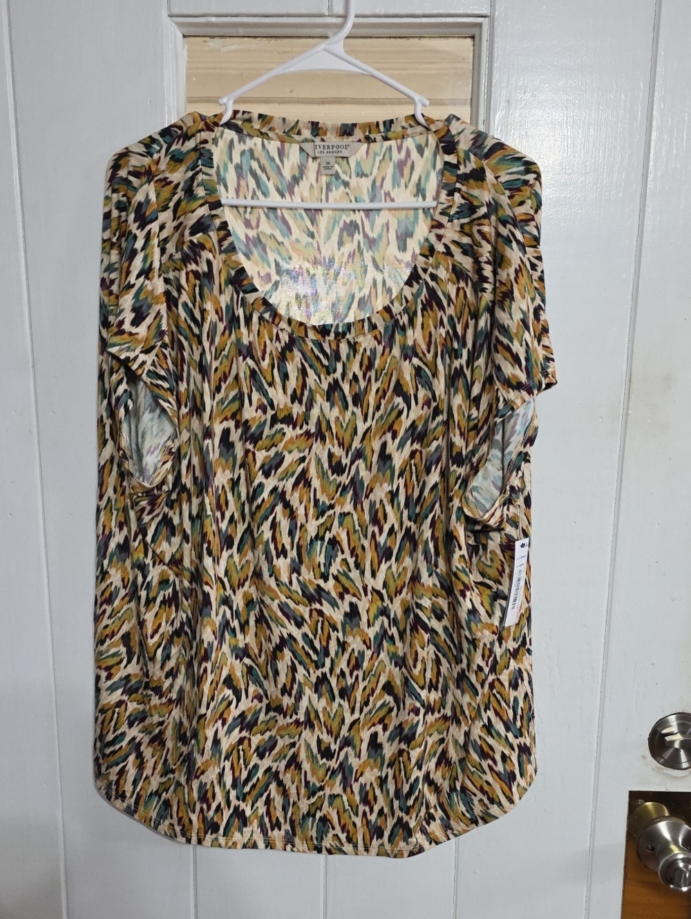 NWT Liverpool Los Angeles Women's Blouse Gold/Teal/Cream Stretch Comfort Sz 3X